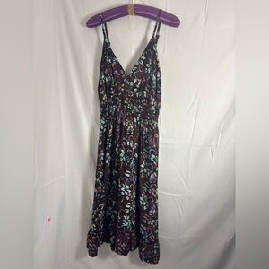 VTG Maroon Rainbow Floral Hawaiian Tropical Ruffle Hem Smock Maxi Dress Size L